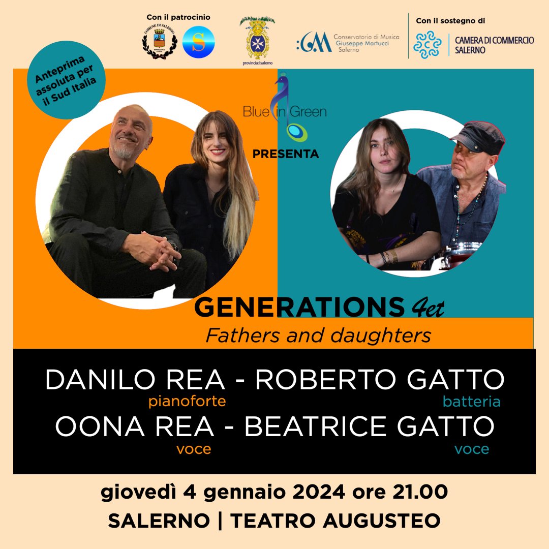 Acquista biglietti Danilo Rea - Roberto Gatto - Oona Rea - Beatrice Gatto  GENERATIONS 4et in "Fathers and daughters" giovedì 04 gen 2024 Teatro  Augusteo Salerno